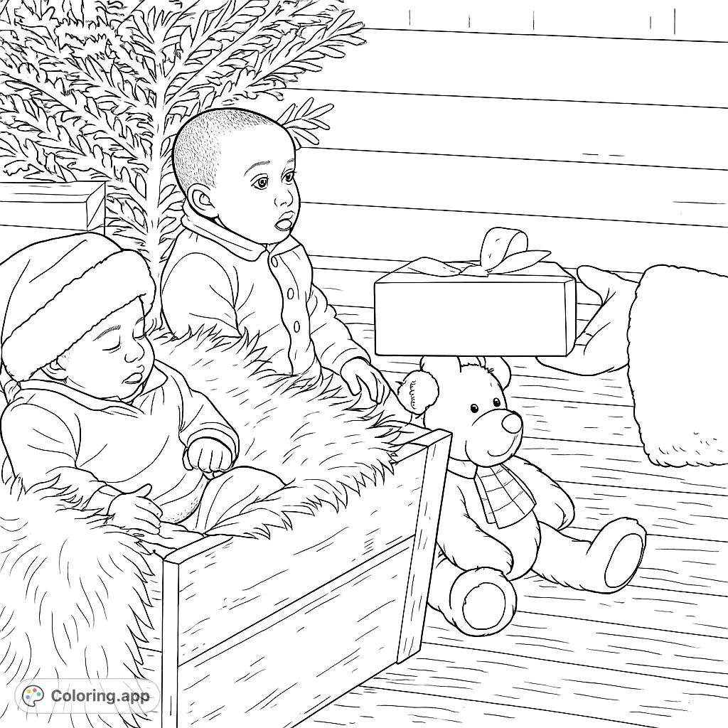 A heartwarming holiday coloring page featuring two adorable infants in a festive setting with gifts, a teddy bear, and a fir tree. Perfect for seasonal joy!