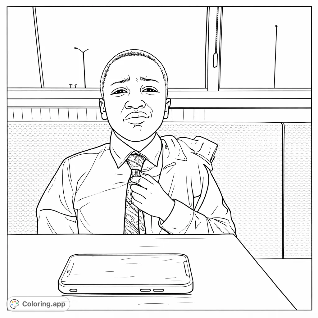 A young boy with a pouting expression sits in a restaurant booth, dressed formally with a tie and jacket, a smartphone resting on the table.