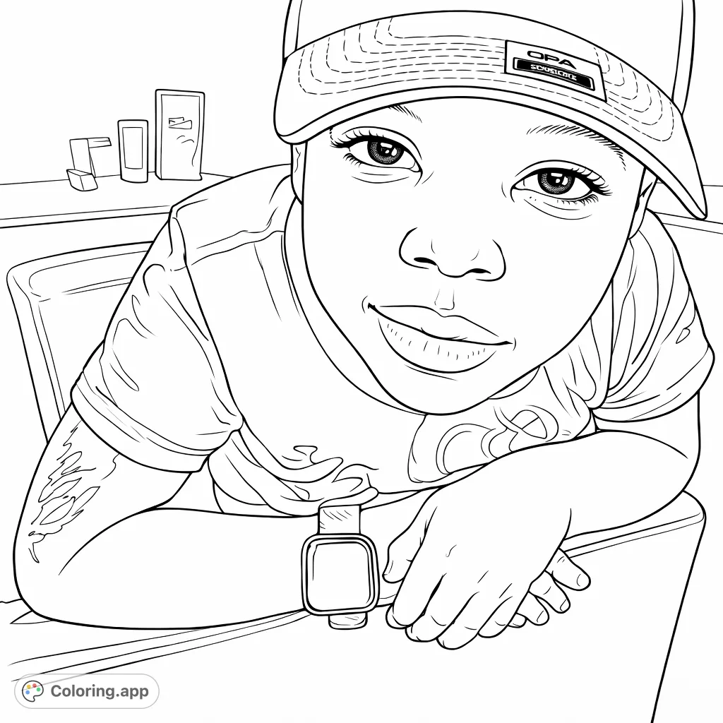 Capture a casual moment with a young person wearing a baseball cap and wristwatch, leaning on a chair. A cool, engaging portrait ready for your artistic touch.