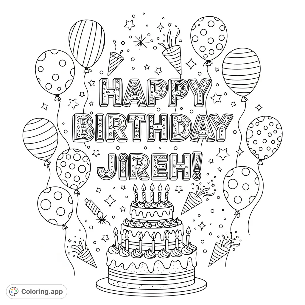A festive birthday coloring page for Jireh, featuring "Happy birthday Jireh!" in decorative letters, surrounded by balloons, a cake, and confetti.