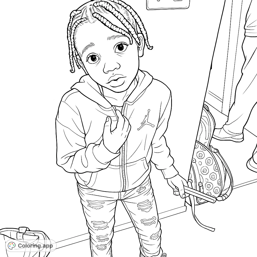 A stylish young boy with braided hair in a cool jacket and ripped jeans, leaning against a wall. Perfect for kids and adults to color with vibrant details.