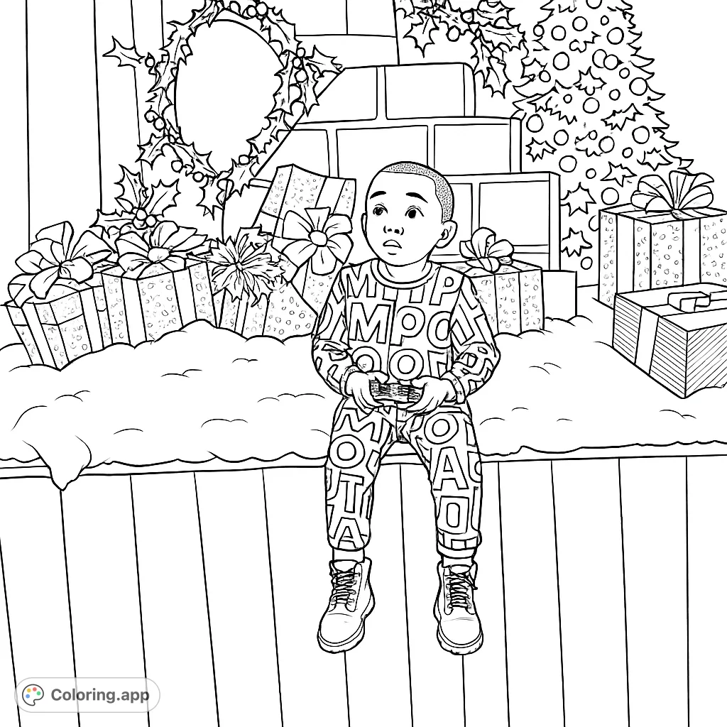 A young child sits amidst holiday presents and festive decorations, holding a small toy. Perfect for seasonal coloring fun and intricate detail!
