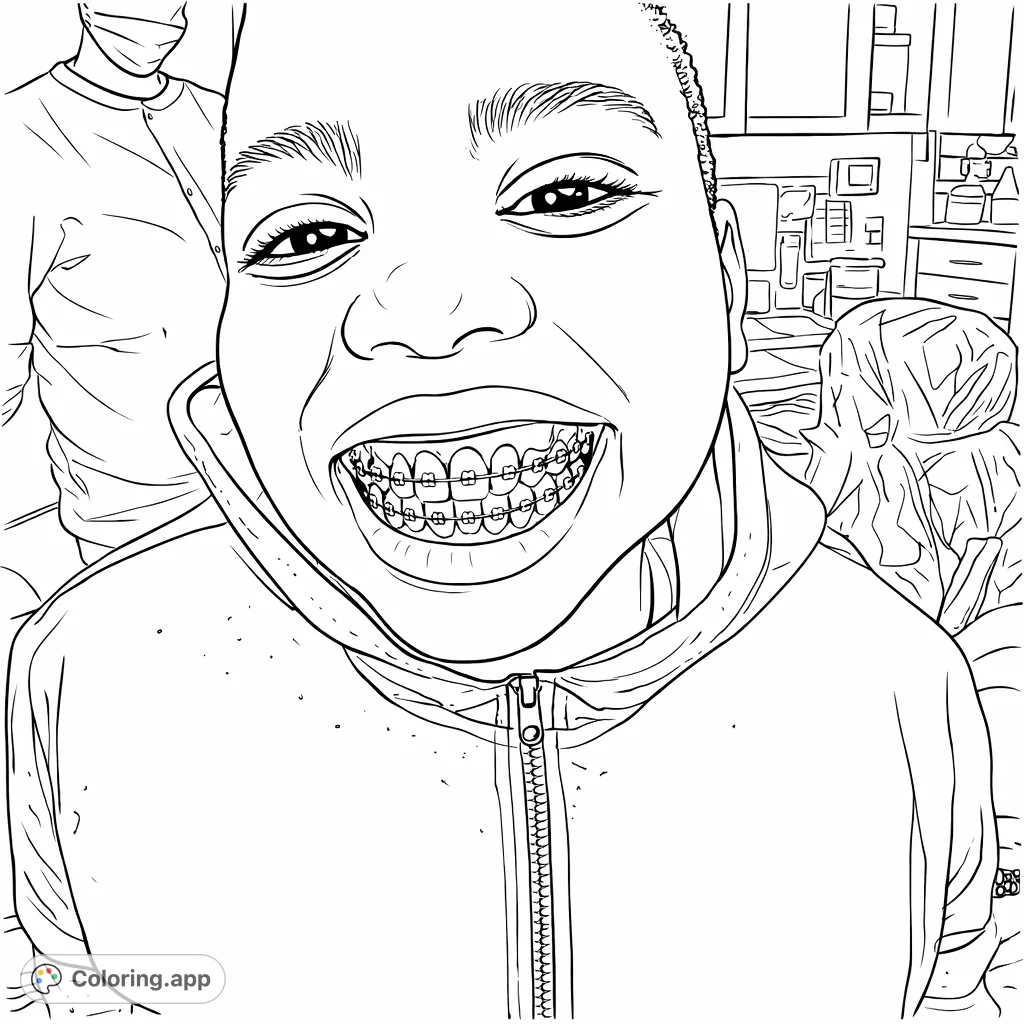 Capture the joy of a new smile with this braces-themed coloring page. Features a happy child showing off their detailed dental work in a clinic setting.