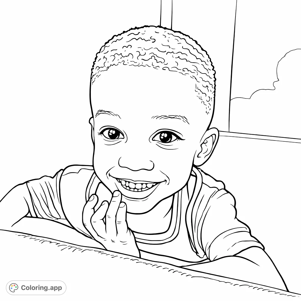 Capture the joy of a happy child with this delightful coloring page. Features a smiling young boy, chin in hand, ready for your creative touch. A charming portrait for all ages.