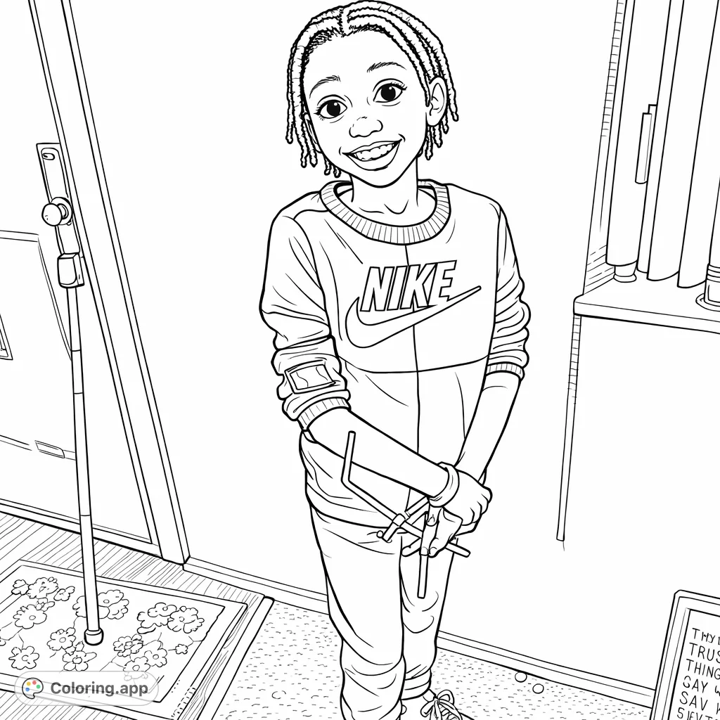 A joyful child with braids smiles broadly, holding a handful of bendy straws, ready for imaginative coloring fun on this free printable page.