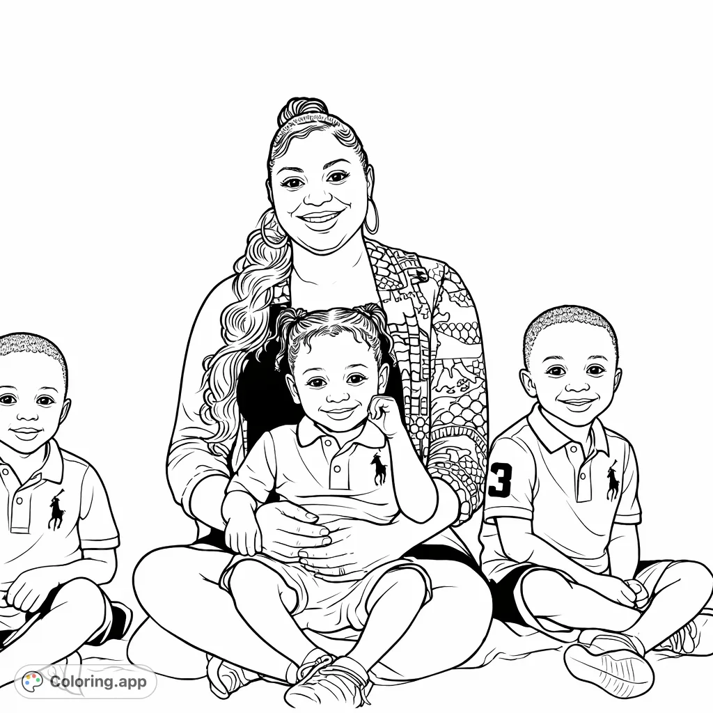 A heartwarming family portrait coloring page featuring a smiling mother with her three children. Perfect for celebrating family bonds and creativity.