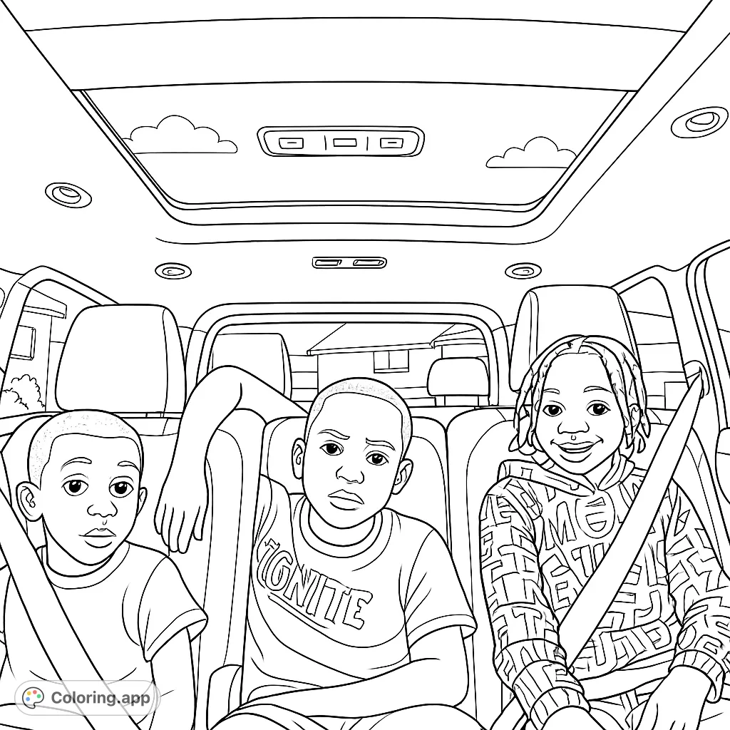 Capture a fun car ride with three boys, featuring a sunroof view and playful expressions. Perfect for a family adventure coloring page.