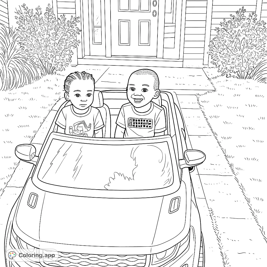 Two happy children enjoying a ride in their toy car, ready for adventure. A fun and engaging coloring page for young artists.