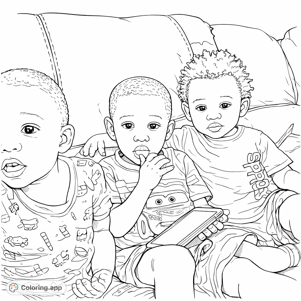 Three cheerful children gathered on a couch, engrossed by a device. A heartwarming scene perfect for young colorists to bring to life with their imagination.