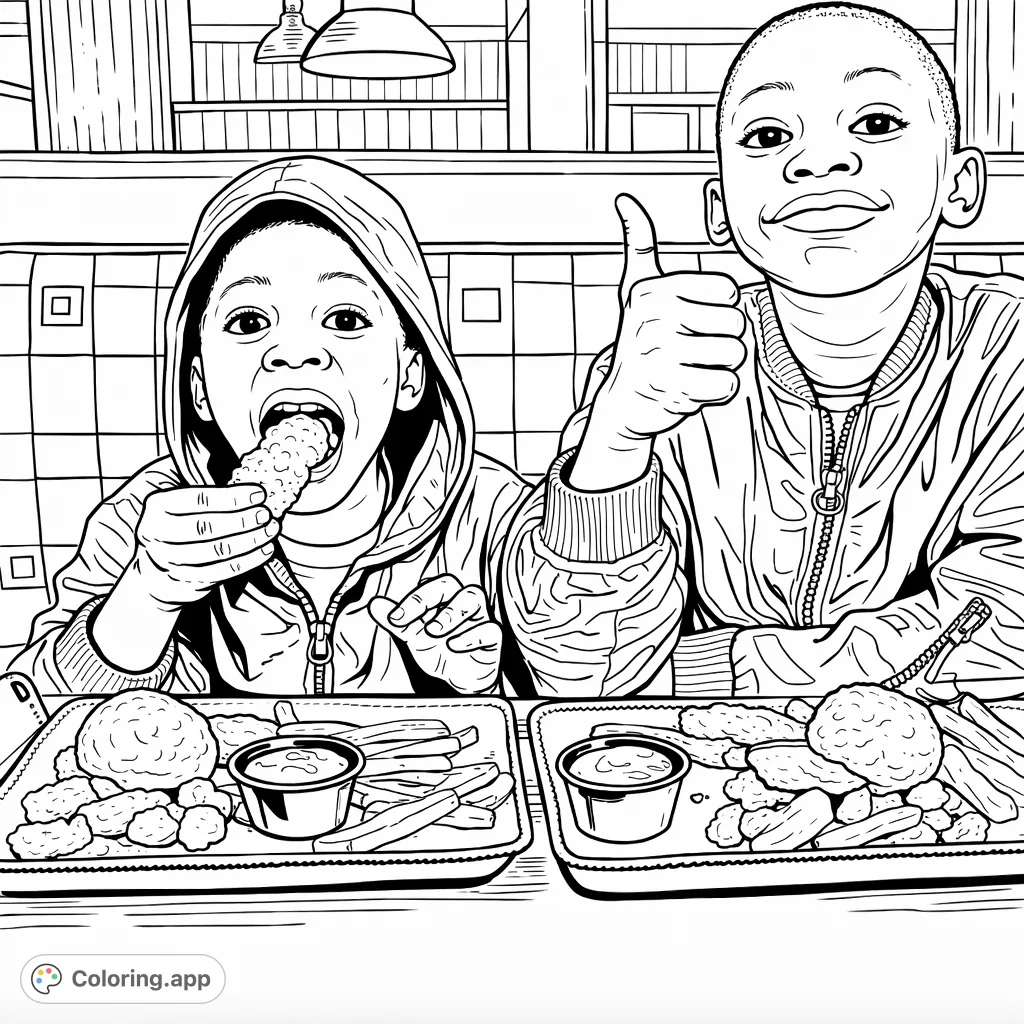 Two boys enjoy a lively restaurant meal with crispy tenders, golden fries, and fluffy biscuits. One eats eagerly, the other gives a playful thumbs-up.