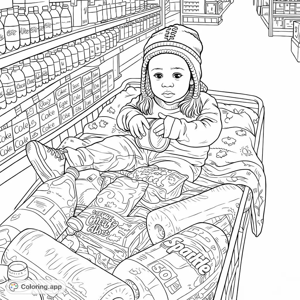 A delightful scene featuring a child in a shopping cart amidst groceries. Perfect for creative fun, capturing a charming everyday moment.