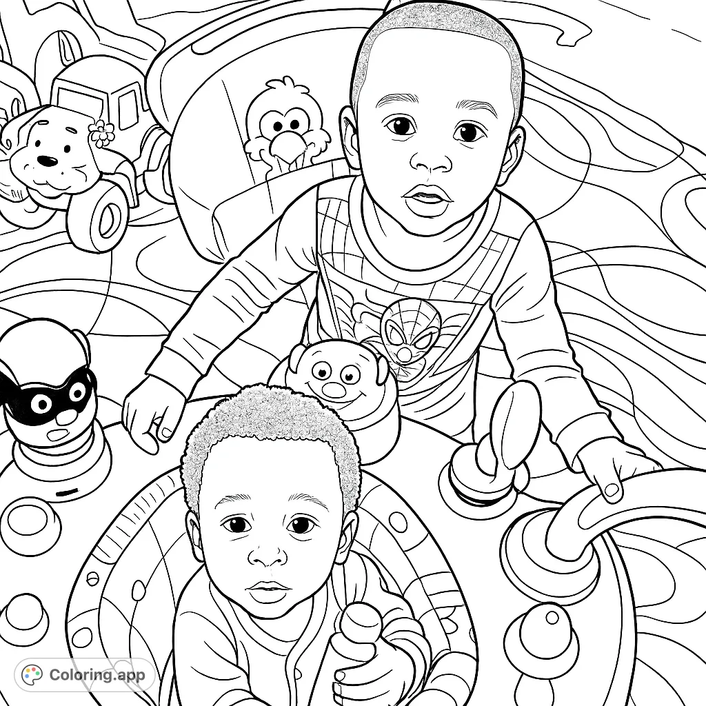 An adorable scene of two young children playing, with an older sibling interacting with an infant in an activity center. Perfect for family fun.