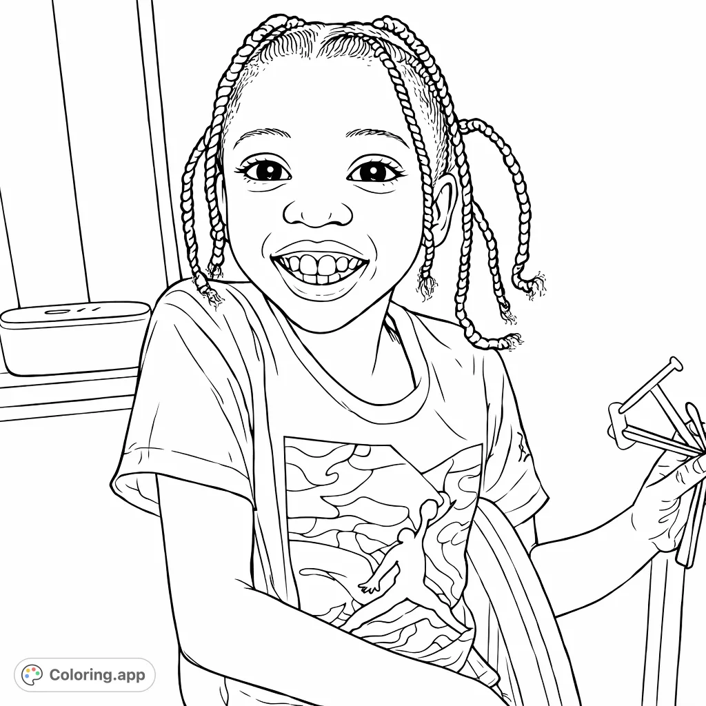 A cheerful child with braided hair smiles widely, holding a playful toy. Features a dynamic figure silhouette on their shirt. Perfect for capturing joy!