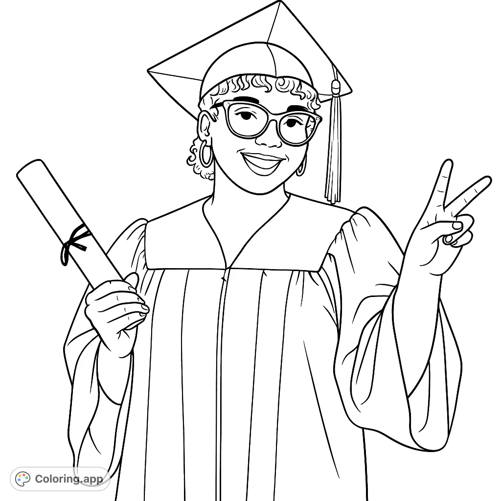 Celebrate success with this graduation coloring page! A joyful graduate in cap and gown holds a diploma, making a peace sign. Perfect for all ages.