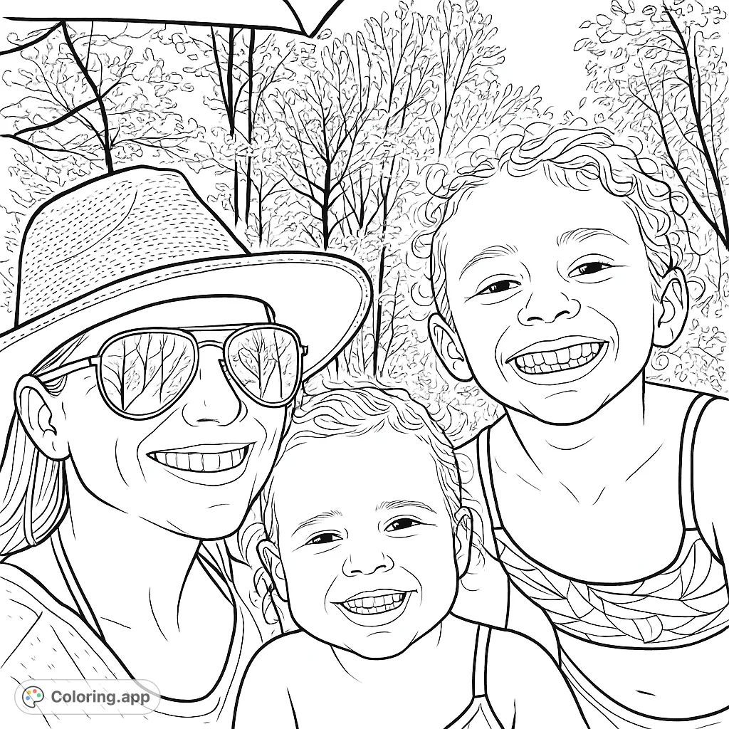 A heartwarming family portrait coloring page featuring a smiling woman and two happy children outdoors, perfect for all ages to enjoy.