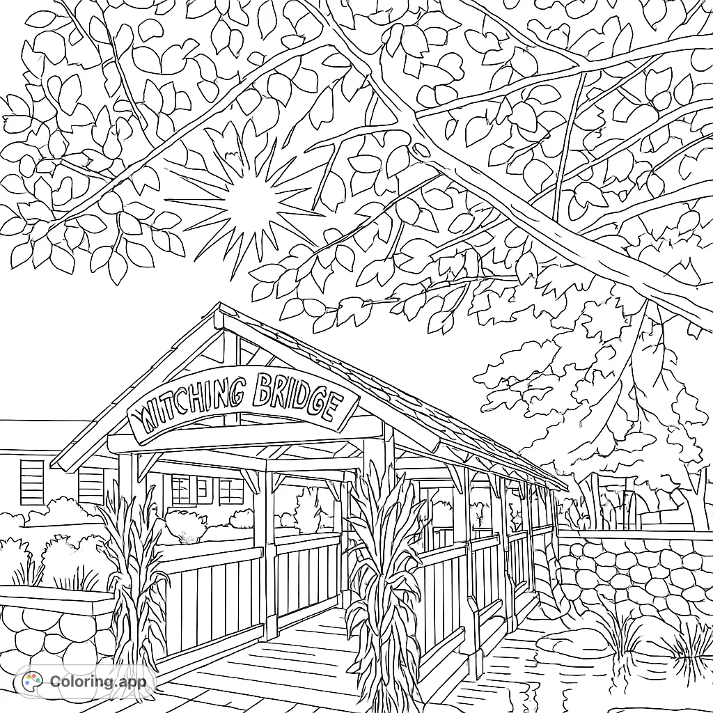 Explore a charming covered bridge scene with lush foliage, a flowing stream, and a sunlit sky. A free printable nature coloring page.