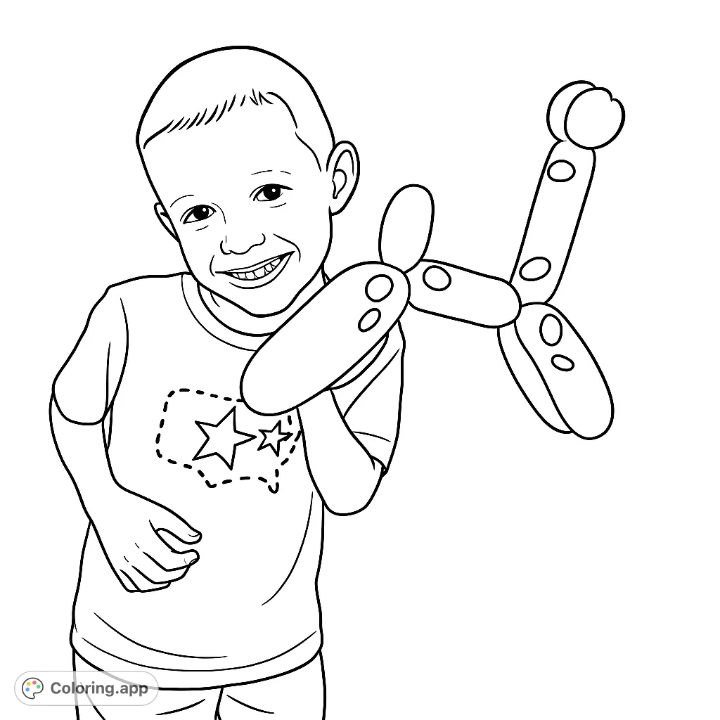 A cheerful boy holds a playful balloon dog, ready for vibrant colors. This boy with balloon animal coloring page is a free printable coloring page for kids and adults.