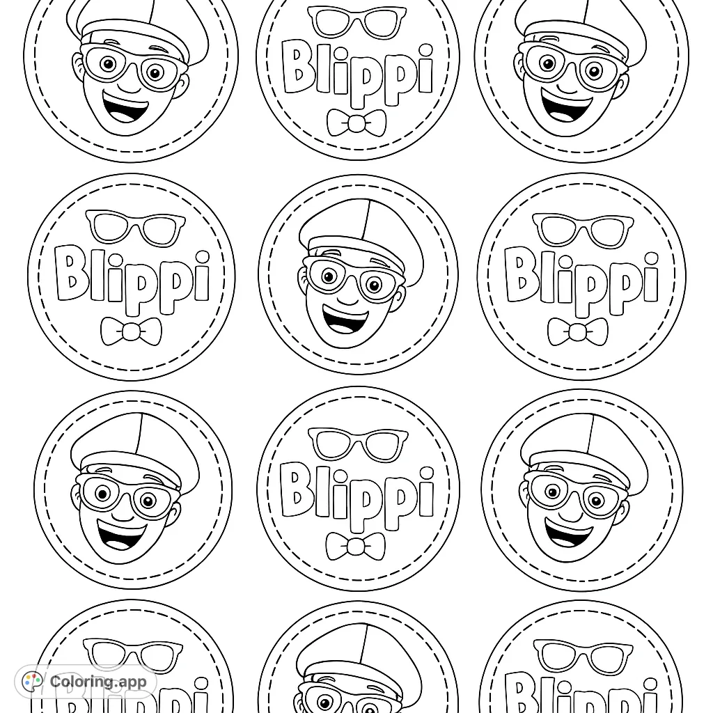 Dive into fun with this Blippi coloring page featuring multiple circular badges of the beloved character's face and logo. Perfect for young fans!