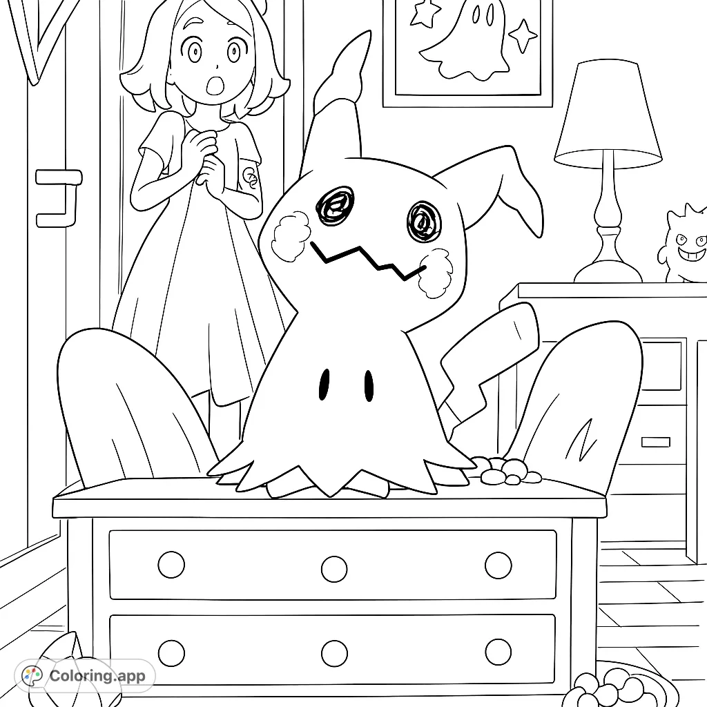A surprised girl discovers Mimikyu in her room, surrounded by playful details. A charming Pokémon adventure coloring page.