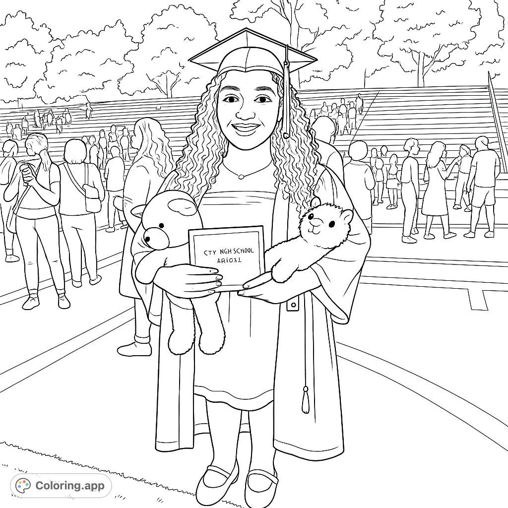 Celebrate achievement with this graduation coloring page! A smiling graduate in cap and gown holds a diploma and plush toys amidst a cheering crowd.