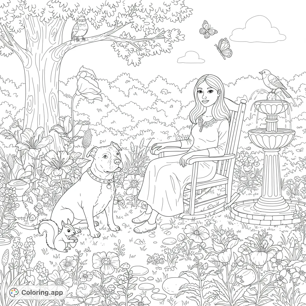 Woman, Dog, and Garden Coloring Page
