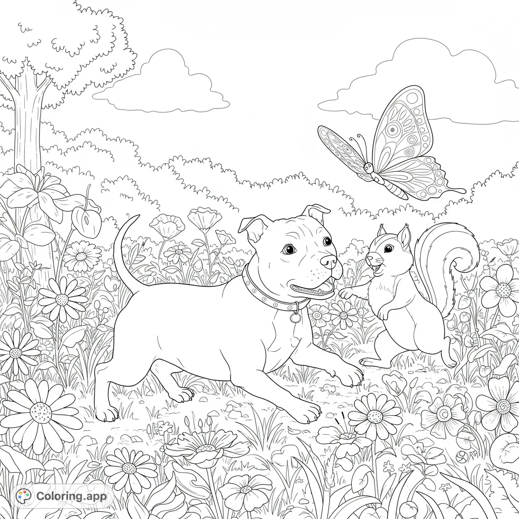 A delightful scene of a playful dog and a curious squirrel in a vibrant flower meadow, with a beautiful butterfly fluttering above. Perfect for nature and animal lovers!