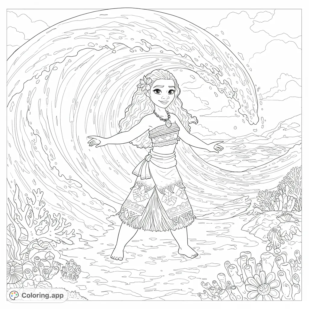 An adventurous island princess stands before a majestic ocean wave, surrounded by vibrant coral and tropical scenery. A free printable coloring page for all ages.