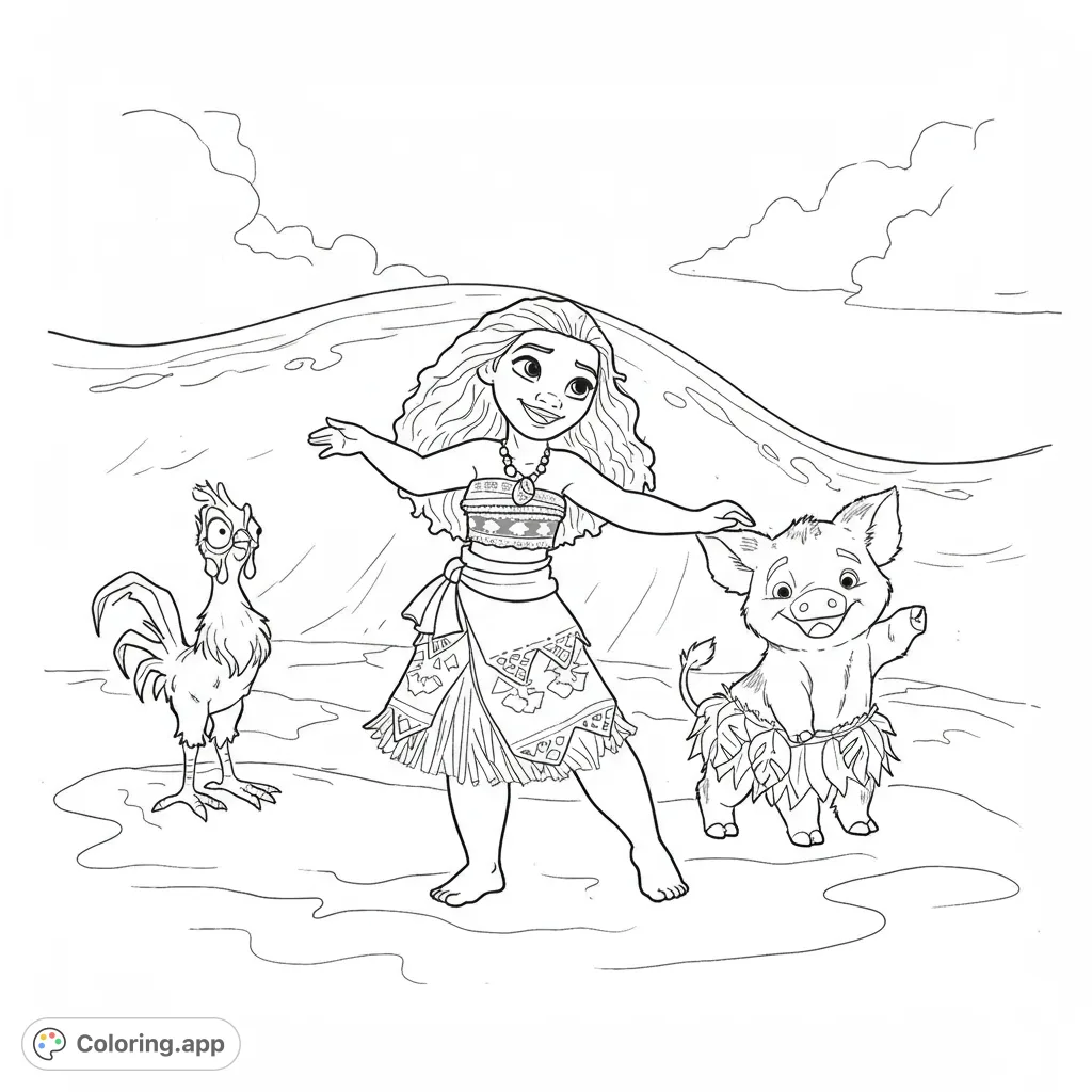 Join Moana, Pua, and Heihei on a tropical beach adventure! A fun, free printable Moana coloring page for kids and fans of all ages.