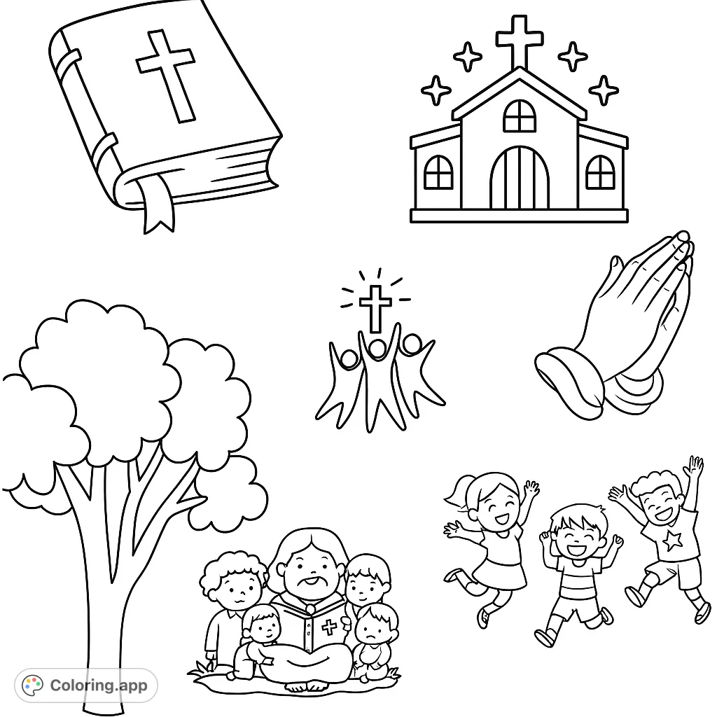 Explore a collection of Christian faith symbols and heartwarming community scenes, perfect for all ages. A free printable religious coloring page.