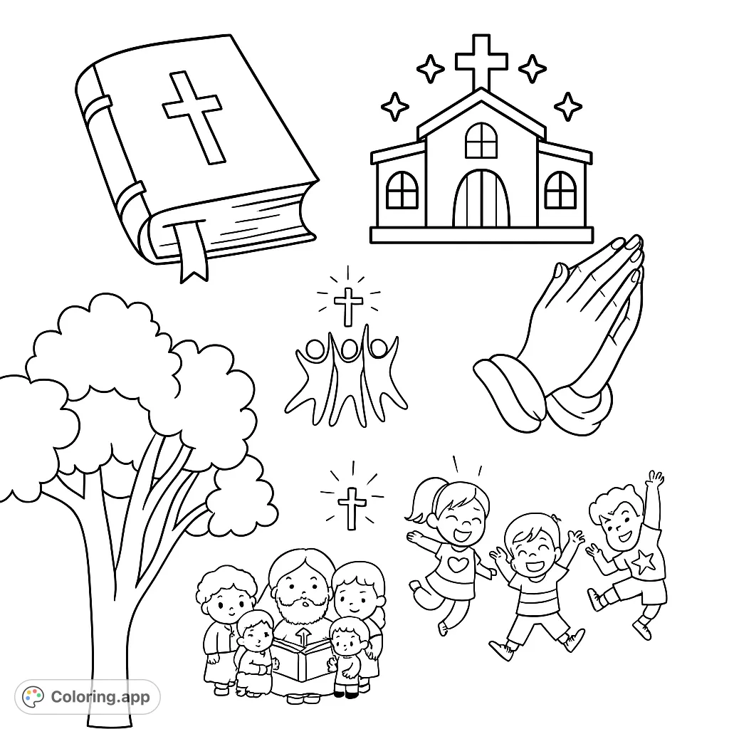Explore faith with a Bible, church, praying hands, and joyful scenes of children and community. Free printable Christian coloring page for all ages.