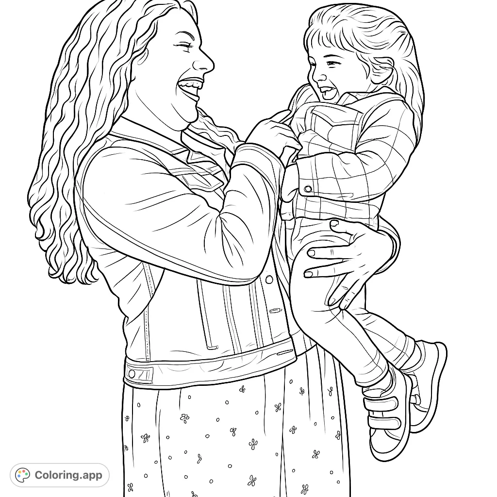 Capture a heartwarming moment of a mother and child laughing together. A beautiful, free printable family coloring page for all ages.