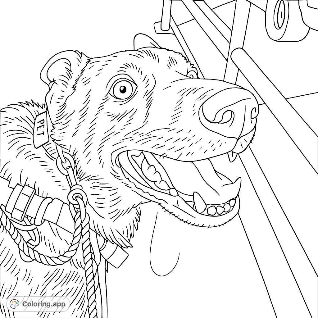 An excited dog coloring page featuring a happy canine with an open mouth, detailed fur, and a collar. Free printable for all ages.