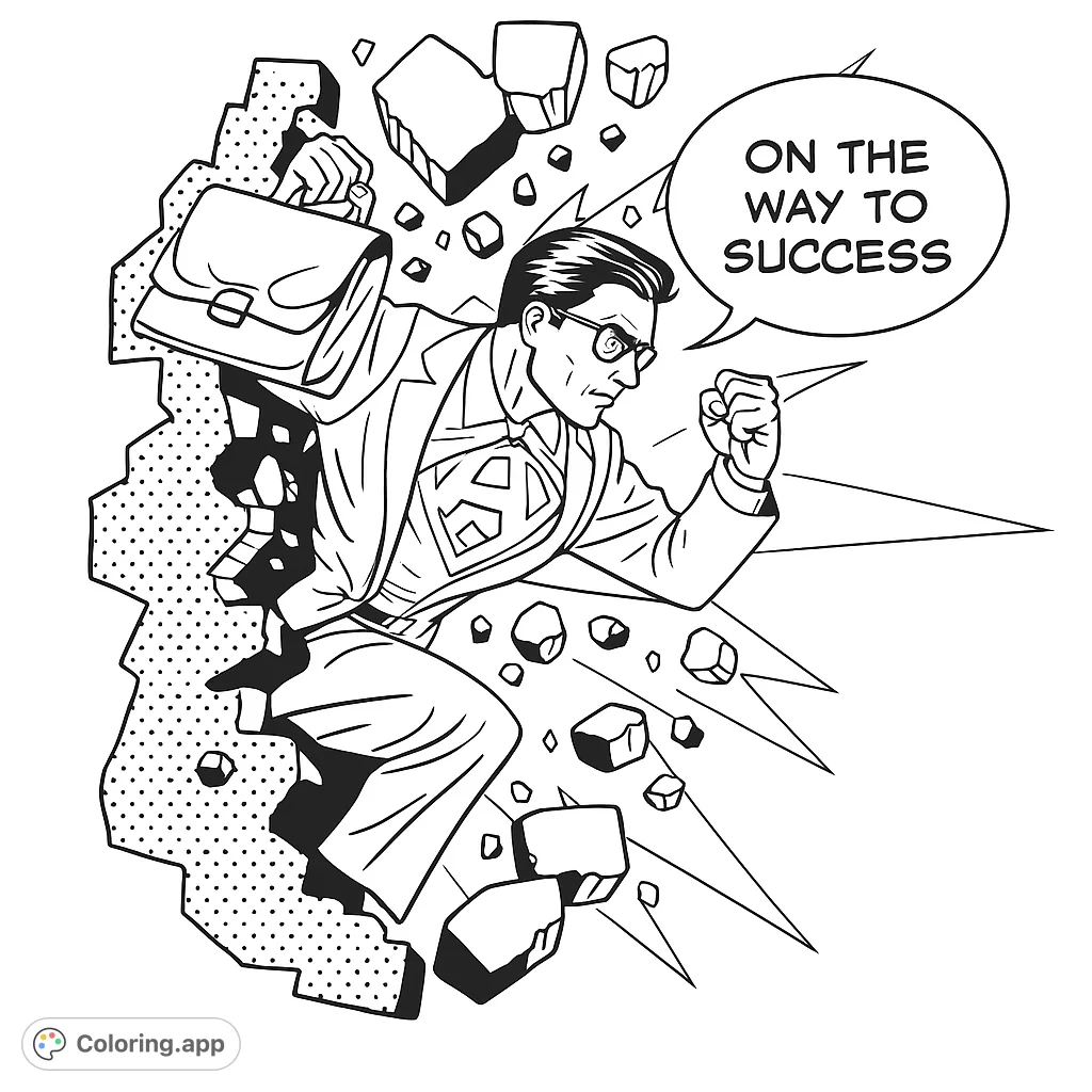 A determined superhero businessman bursts through a wall, briefcase in hand, revealing his iconic emblem. A dynamic scene for success-themed coloring.