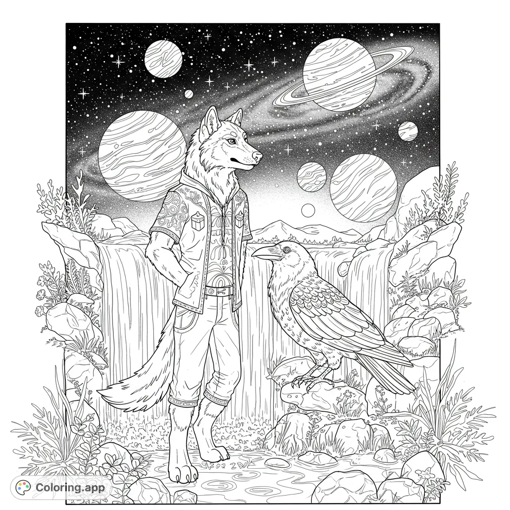 An anthropomorphic wolf and a raven stand by a waterfall under a starry, planetary sky. Intricate details for a unique coloring experience.