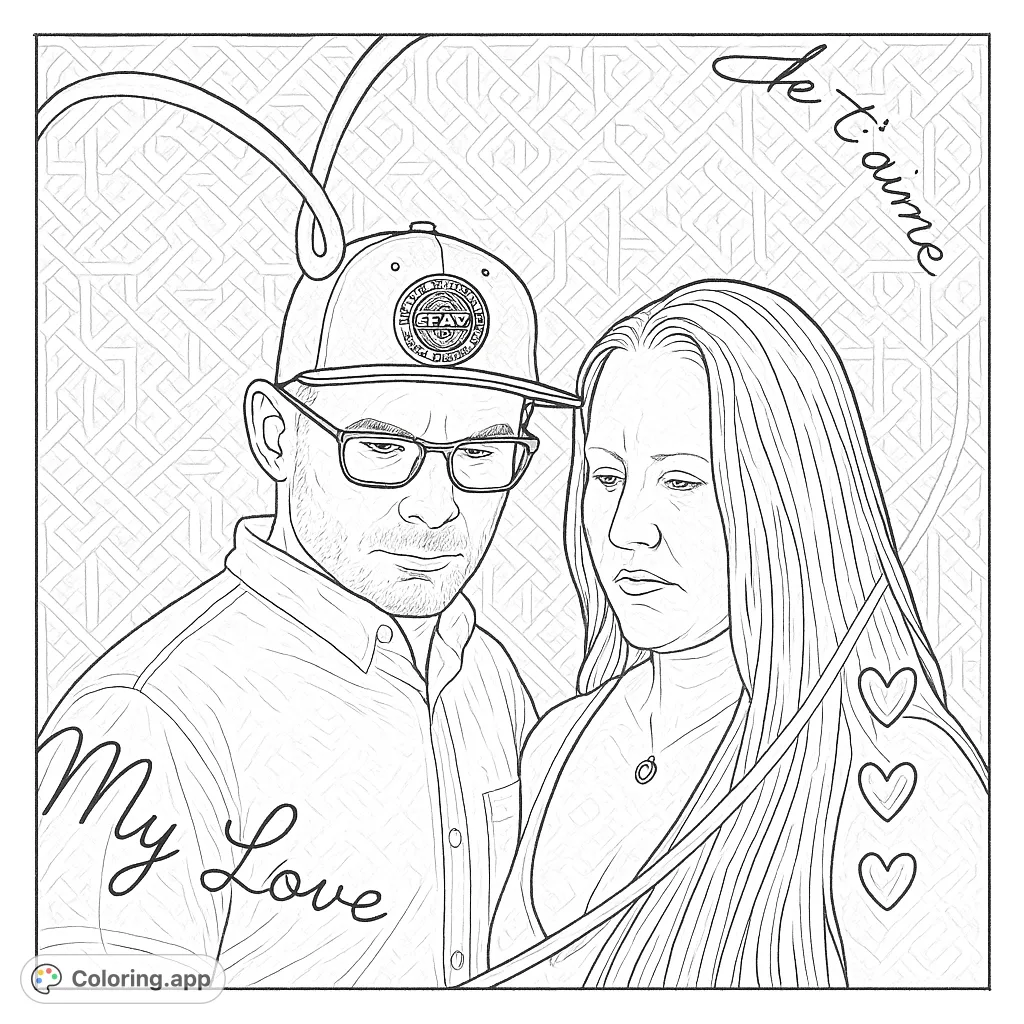 A romantic portrait of a couple framed by decorative swirls and hearts, perfect for expressing affection. Features a hand-drawn sketch appearance with intricate details.