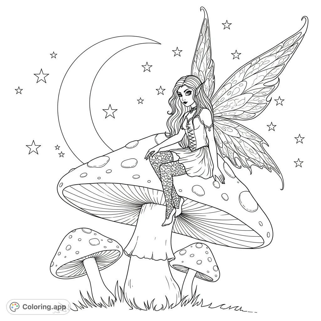 A magical fairy with intricate wings sits on a spotted mushroom under a crescent moon and stars. A whimsical fantasy coloring page.