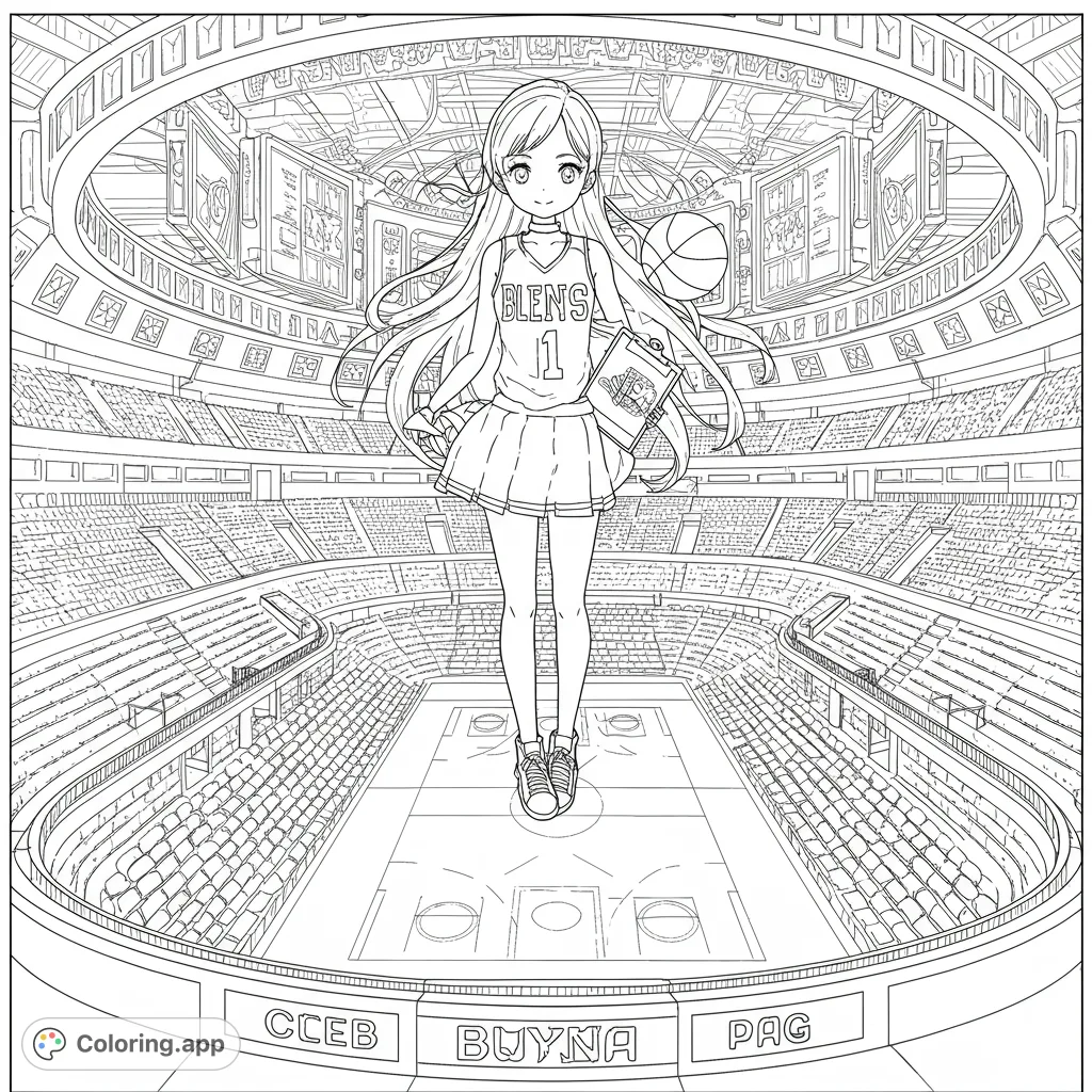 An anime girl in a basketball jersey floats above a detailed stadium court. A free printable anime basketball coloring page for sports and anime fans.