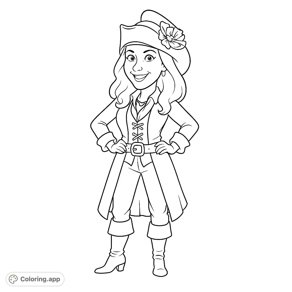 An adventurous female pirate stands confidently, ready for high-seas escapades. A free printable pirate coloring page for kids and adults.