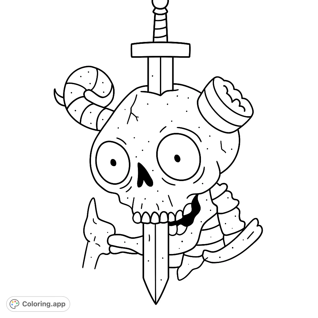 A whimsical cartoon skull with wide eyes, a sword piercing through it, and quirky horns and crown. A fun, free printable fantasy coloring page.