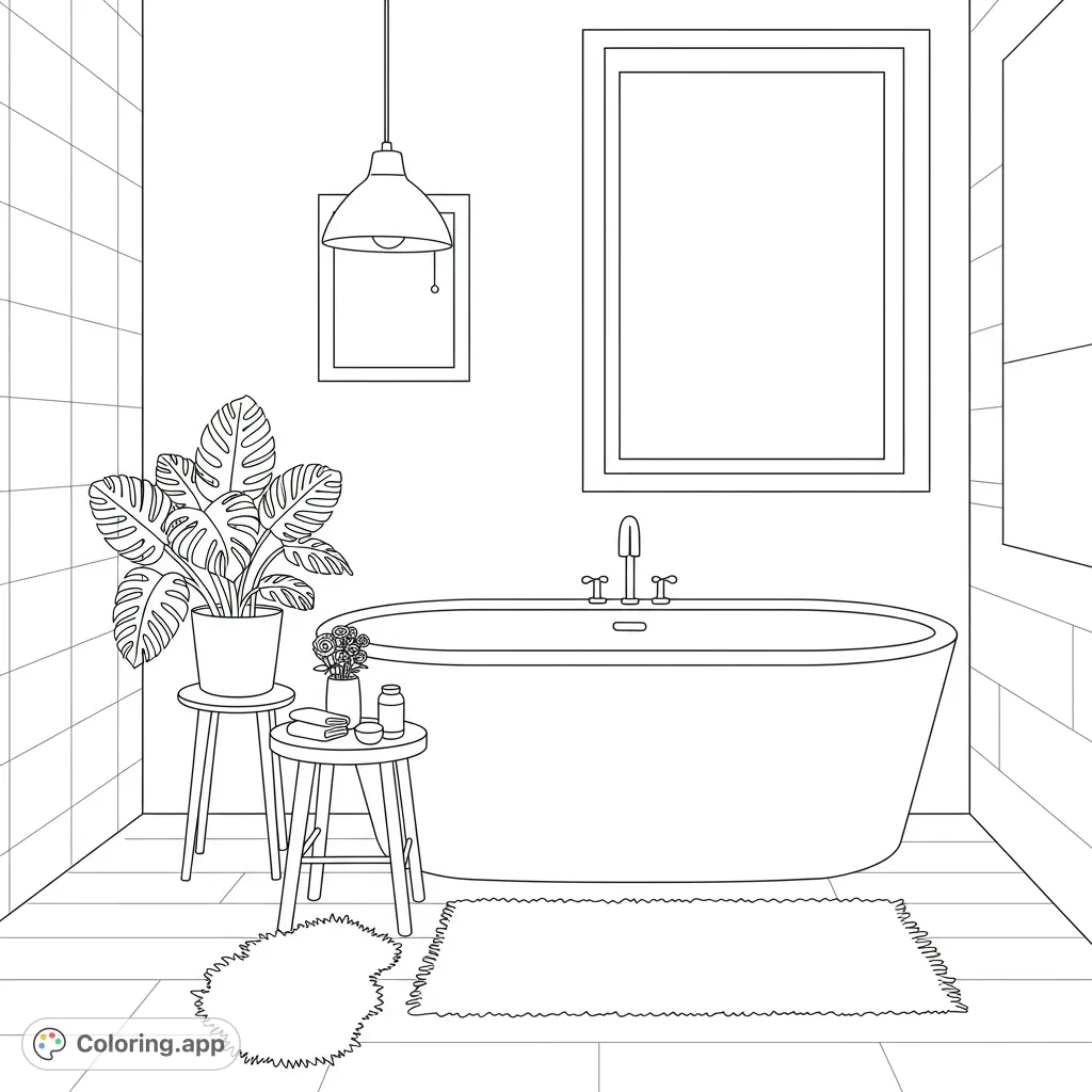 Step into a serene hygge bathroom with a freestanding tub, soft rug, and natural elements. A perfect escape for mindful coloring and relaxation.