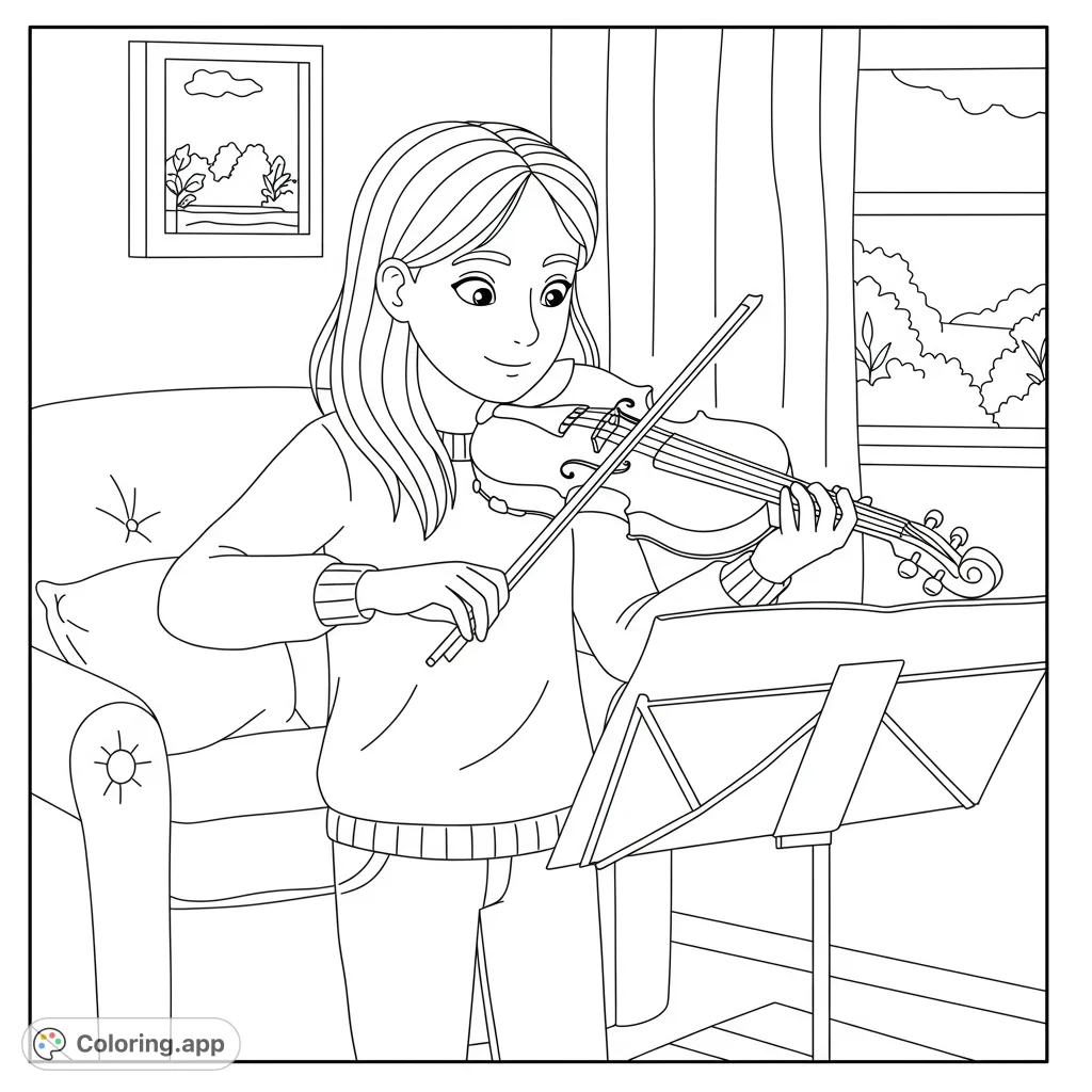 A charming free printable violin coloring page featuring a young girl playing music, perfect for aspiring musicians and creative kids.