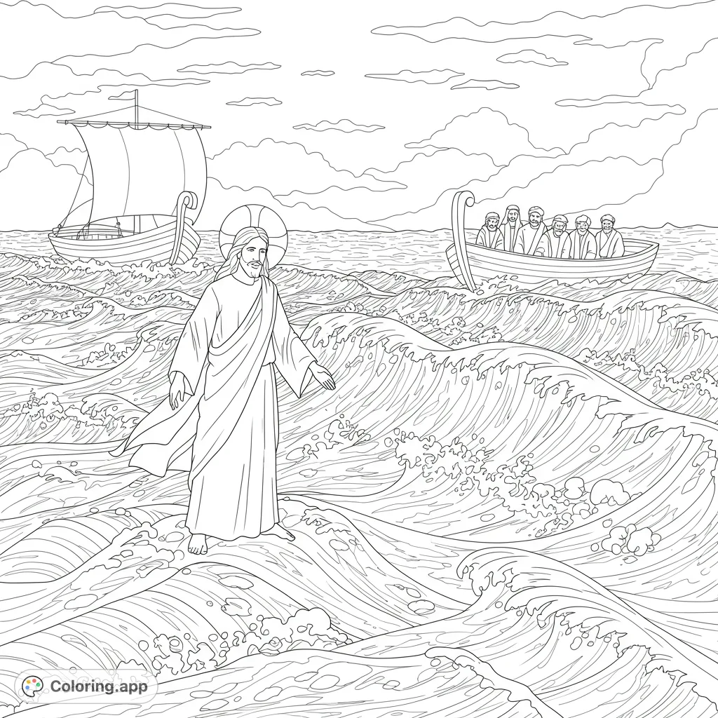 Jesus walks on stormy waves with disciples in boats. A powerful biblical scene, perfect for a religious coloring page.