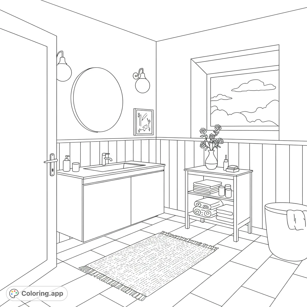 Explore a serene minimalist bathroom interior, featuring a sleek vanity, circular mirror, and plush rug. A peaceful scene for mindful coloring.