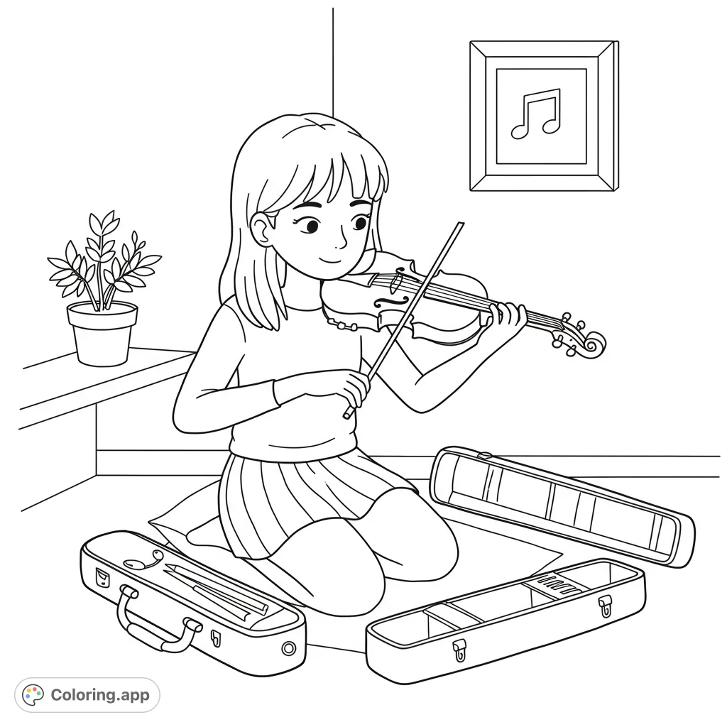A young girl kneels, playing her violin, surrounded by open cases and a potted plant. A musical note hangs on the wall.