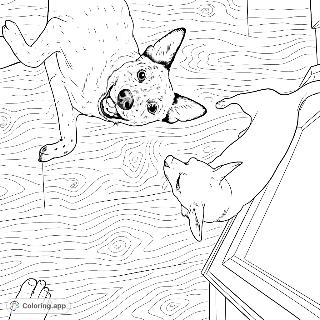 Two adorable dogs, one on its back, one on its side, playfully gaze up from a detailed wooden floor. A charming pet coloring page.