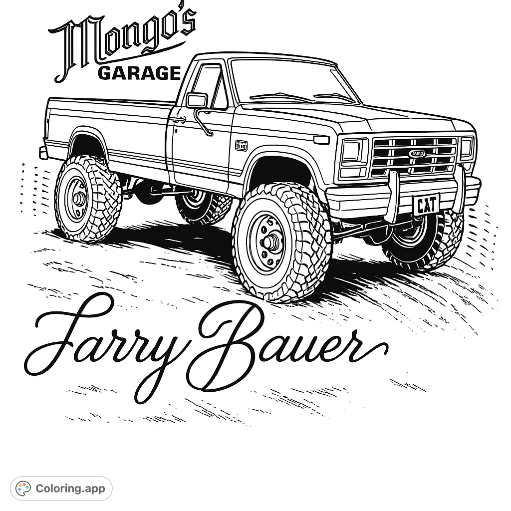 Color a powerful, lifted off-road pickup truck on rugged terrain. Perfect for vehicle enthusiasts and adventure lovers. Free printable truck coloring page.