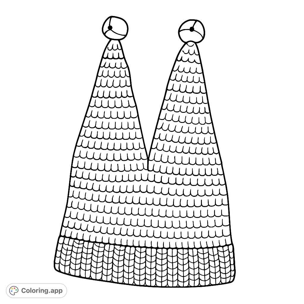 Cozy twin-peak knitted hat with intricate stitch patterns, perfect for a fun and creative coloring experience. Free printable winter accessory coloring page.