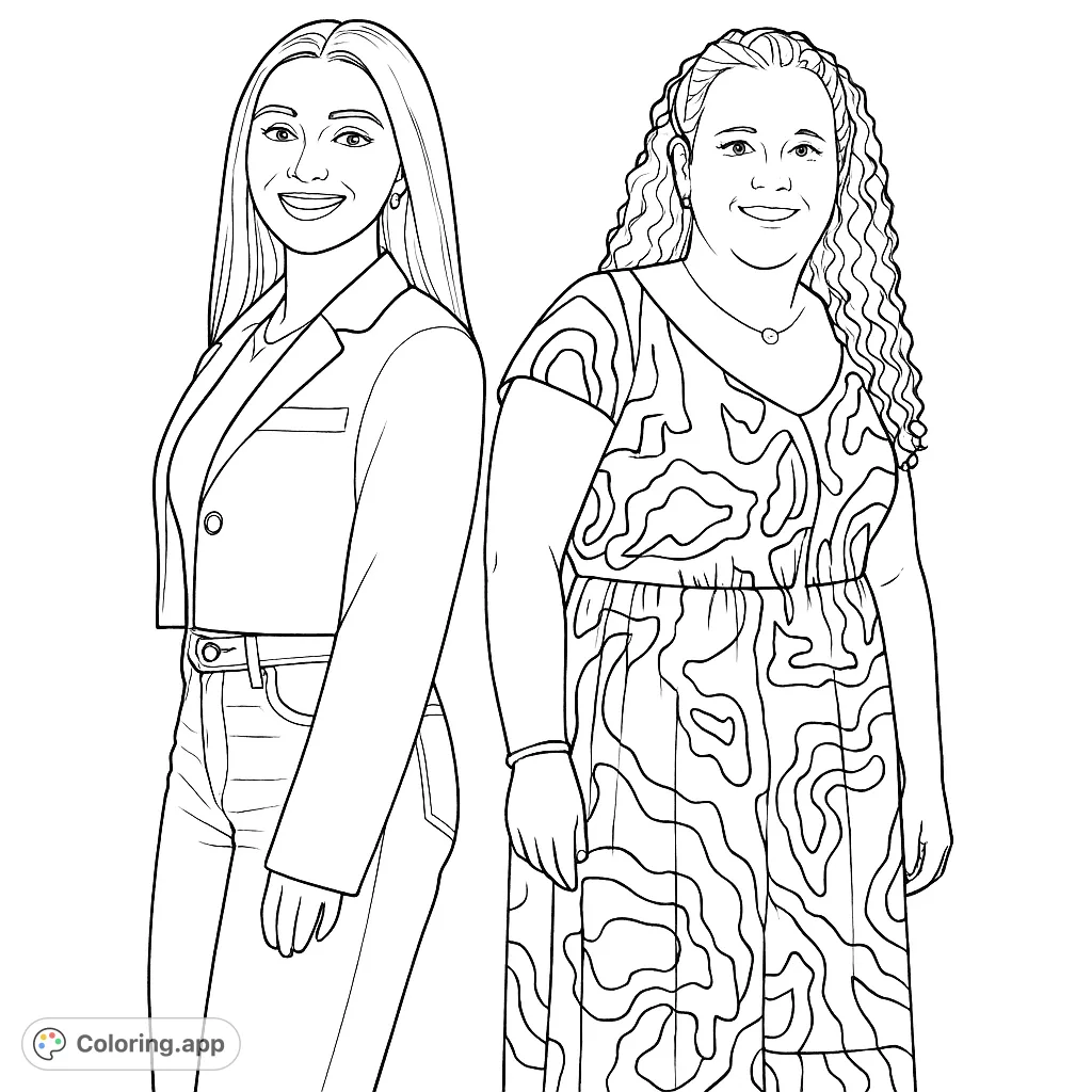 A free printable coloring page featuring two smiling women, one in a blazer and jeans, the other in a patterned dress. Perfect for all ages.