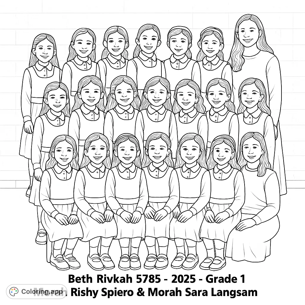 A charming school class portrait featuring smiling girls and their teacher, perfect for a free printable school coloring page for kids.