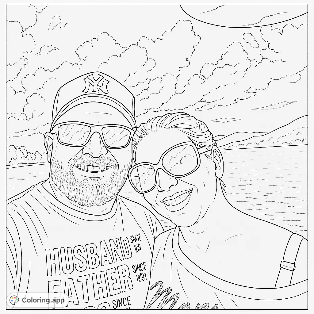 Capture joy with this couple's outdoor selfie coloring page! Features a smiling duo, sunglasses, and a scenic background with clouds and water. Free printable coloring page for all ages.